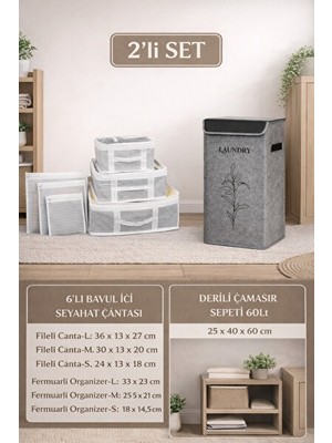 Velmora Derili Iki Bölmeli Kirli , 6’lı Saklama Çantasıyla Komple Set | Çamaşır Sepeti