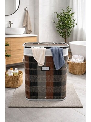 Velmora Bambu Kare , Ekose Desenli Organizer, 40X30X60 cm | Çamaşır Sepeti