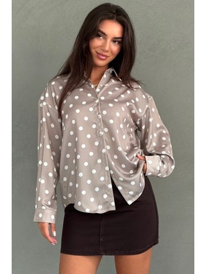 Madmext Bej Puantiyeli Saten Kadın Gömlek MG2869
