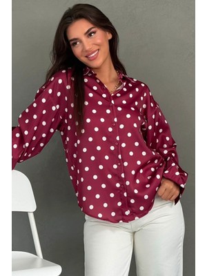 Madmext Bordo Puantiyeli Saten Kadın Gömlek MG2869