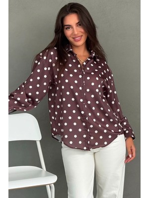 Madmext Kahverengi Puantiyeli Saten Kadın Gömlek MG2869