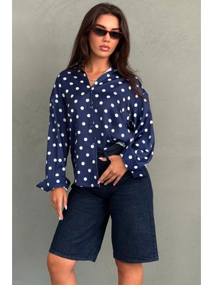 Madmext Lacivert Puantiyeli Saten Kadın Gömlek MG2869