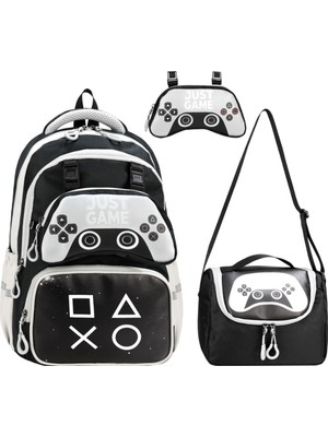 Birr Bazaar Ilkokul Okul Çantası 3'lü Set Çocuk Su Geçirmez Ithal Kumaş Termal Beslenme Çantası ve Kalemlik Ortopedik Sırt Desteği(Just Game Figürlü)