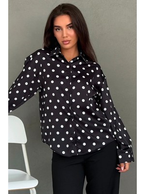 Madmext Siyah Puantiyeli Saten Kadın Gömlek MG2869