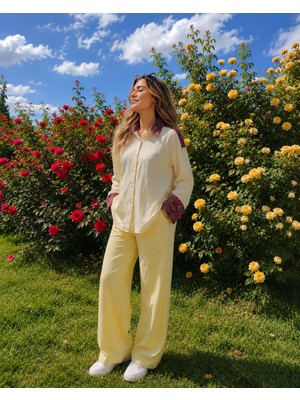 Bandiwa Gulian Kadın Açık Sarı Oversize Gömlek Yılan Desen Detaylı Uzun Kollu Salaj Casual Gömlek