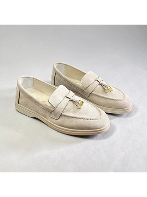 Dabab Shoes Lupy Kadın Bej Süet Loafer Ayakkabı Gold Aksesuarlı Ortopedik Rahat Taban Casual Babet
