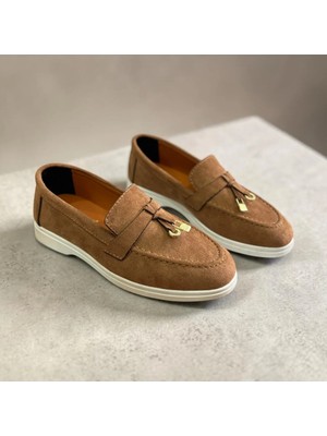 Dabab Shoes Lupy Kadın Taba Süet Loafer Ayakkabı Gold Aksesuarlı Ortopedik Rahat Taban Casual Babet