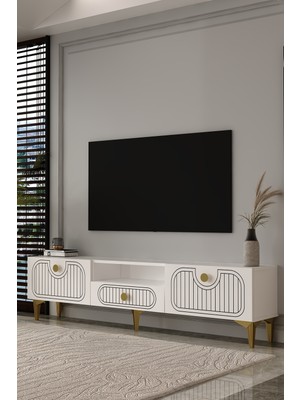 Dekortis Home Dekor 180DHDTSÇ3BA Hera Lazer Desenli Tv Sehpası,ünitesi Beyaz-Altın