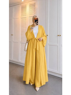 Trendparis Çupra Kumaş Kimono ve Geniş Paça Pantolon Takımı Sarı
