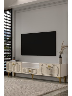 Dekortis Home Dekor 180DHDTSÇ3BTA Hera Lazer Desenli Tv Sehpası,ünitesi Beyaz-Traverten-Altın