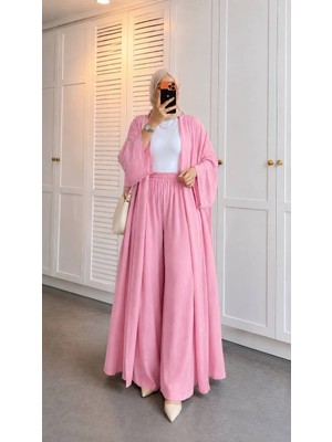 Trendparis Çupra Kumaş Kimono ve Geniş Paça Pantolon Takımı Açık Pembe