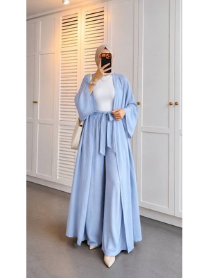 Trendparis Çupra Kumaş Kimono ve Geniş Paça Pantolon Takımı Açık Mavi