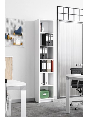 Hofga Tera Kitaplık 5 Raflı Dar Çok Amaçlı Ofis Salon Kitap Dosya Rafı Ayaralanabilir Raflı Kitaplık Beyaz