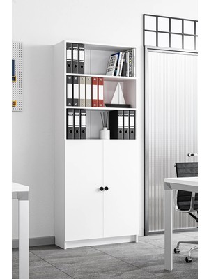 Hofga Tera Kitaplık 5 Raflı 2 Kapaklı Çok Amaçlı Ofis Salon Kitap Dosya Rafı Ayarlanabilir Raflı Kitaplık Beyaz