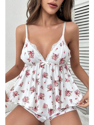 Merry See Ince Askılı Çiçekli Dantel Detay Şortlu Pijama Takım Gecelik