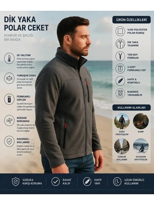 Luxic Core Erkek Koyu gri Dik Yaka Fermuarlı Polar Ceket – Günlük Kullanıma Uygun, Sıcak Tutan, Cepli Polar Mont