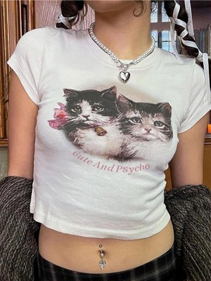 Touz Cute Kitten Ribbed Baskılı Beyaz Crop