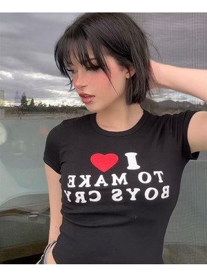 Touz I Love To Make Boys Cry Baskılı Siyah Crop