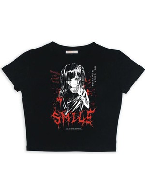 Touz Küt Küt Gothic Girl Smile Baskılı Siyah Crop