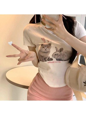 Touz Kemer Boy Y2K Rabbit And Cat Beyaz Crop