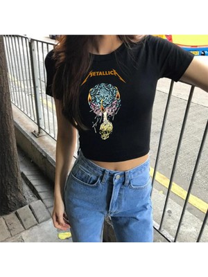 Touz Küt Küt Rock Serisi Metallica Baskılı Siyah Crop
