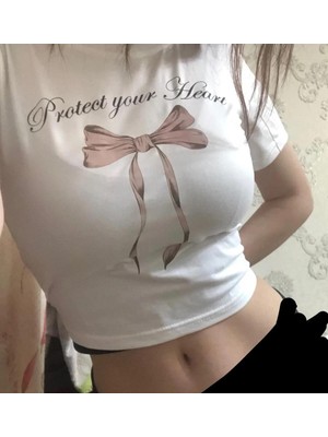 Touz Kemer Boy Protect Your Heart Baskılı Beyaz Crop