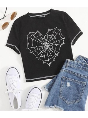 Touz Heart Web Baskılı Ters Dikiş Siyah Crop