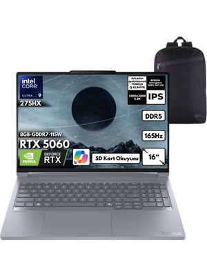 Lenovo Thinkbook 16P G6 Iax Ultra 9-275HX 48 -Gbddr5 1 Tbssd RTX5060 (8GB-GDDR7-115W) 16" 3.2k 165Hz IPS Windows 11 Home + Qb Sırt Çantası 21R0001JTXQB27