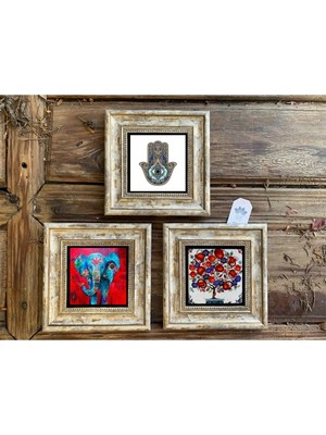 Empressco Çerçeveli Taş Duvar Dekoru Tablo 3'lü Set 20X20CM Fatma Ana Eli Fil Nar Ağacı