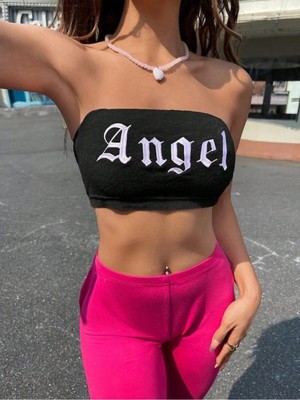Touz Siyah Angel Baskılı Likralı Pamuklu Penye Straplez