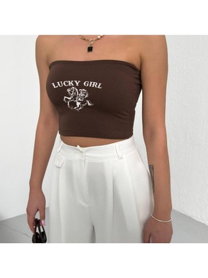 Touz Lucky Girl Baskılı Likralı Pamuklu Penye Straplez