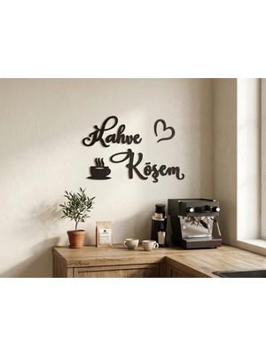 Modern Kahve Köşem Yazılı Duvar Dekoru - 3 Parça Siyah Ahşap Mutfak Tablosu - Minimalist Kahve Köşesi Aksesuarı