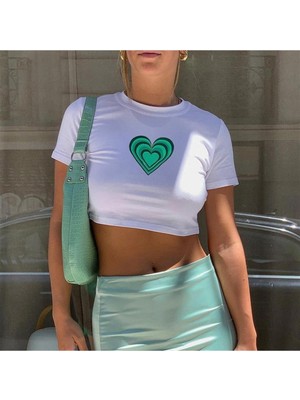 Touz Küt Küt Vintage Green Heart Baskılı Beyaz Crop