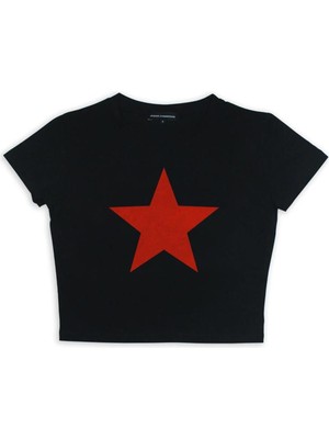 Touz Red Star Baskılı Siyah Crop