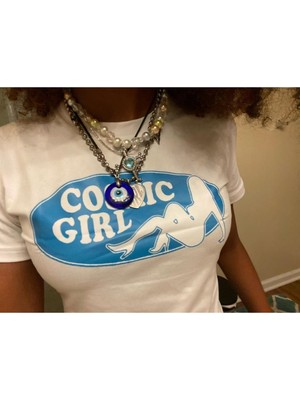 Touz Haraju Cosmic Girl Baskılı Beyaz Crop