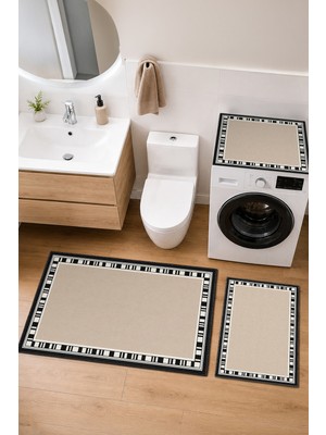 Homenette Modern 3 Parça Banyo Paspas Seti Kaymaz Tabanlı Makinede Yıkanabilir Banyo Halısı Takımı ve Çamaşır Makinesi Matı