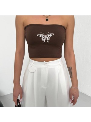 Touz Butterfly Baskılı Likralı Pamuklu Penye Straplez