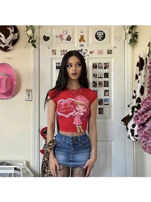 Touz Y2K Be My Valentine Girl Baskılı Kırmızı Crop Bluz