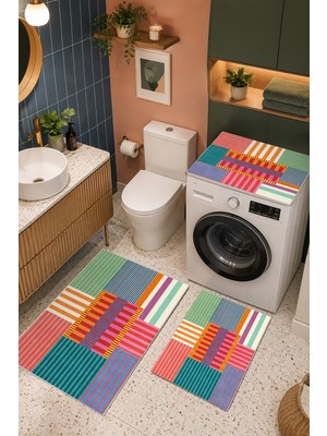 Homenette Modern 3 Parça Banyo Paspas Seti Kaymaz Tabanlı Makinede Yıkanabilir Banyo Halısı Takımı ve Çamaşır Makinesi Matı