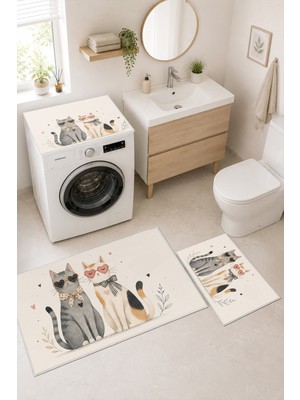Homenette Modern 3 Parça Banyo Paspas Seti Kaymaz Tabanlı Makinede Yıkanabilir Banyo Halısı Takımı ve Çamaşır Makinesi Matı