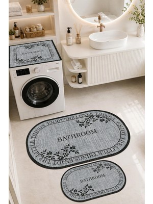 Homenette Modern 3 Parça Banyo Paspas Seti Kaymaz Tabanlı Makinede Yıkanabilir Banyo Halısı Takımı ve Çamaşır Makinesi Matı