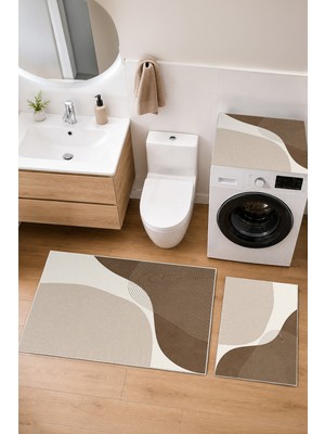 Homenette Modern 3 Parça Banyo Paspas Seti Kaymaz Tabanlı Makinede Yıkanabilir Banyo Halısı Takımı ve Çamaşır Makinesi Matı