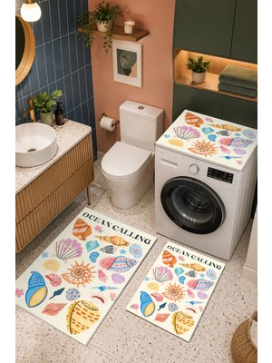 Homenette Modern 3 Parça Banyo Paspas Seti Kaymaz Tabanlı Makinede Yıkanabilir Banyo Halısı Takımı ve Çamaşır Makinesi Matı