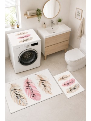 Homenette Modern 3 Parça Banyo Paspas Seti Kaymaz Tabanlı Makinede Yıkanabilir Banyo Halısı Takımı ve Çamaşır Makinesi Matı