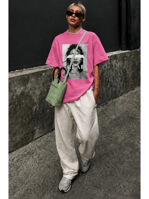 Madmext Pembe Oversize Baskılı Kadın Tişört MG1764