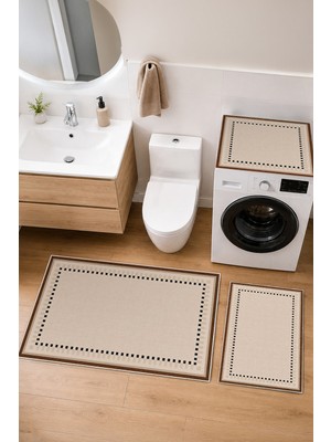Homenette Modern 3 Parça Banyo Paspas Seti Kaymaz Tabanlı Makinede Yıkanabilir Banyo Halısı Takımı ve Çamaşır Makinesi Matı