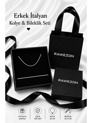 Rawezon Çantalı Kutulu Erkek Hediye Seti -Italyan Ince Zincir Çelik Kolye Bileklik Sevgiliye Arkadaşa Hediye