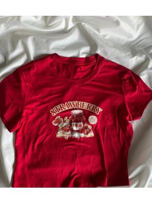 Touz Strawberry Baskılı Kırmızı Crop Bluz
