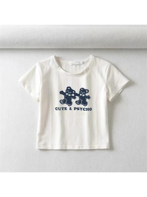 Touz Cute & Psycho Bears Baskılı Beyaz Crop