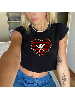 Touz Küt Küt Skull And Heart Baskılı Siyah Crop
